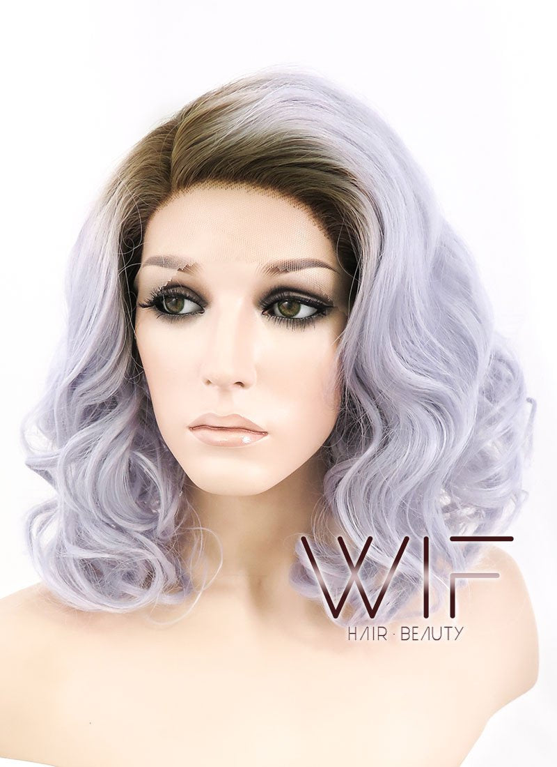 14" Medium Curly Dark Brown Mixed Light Purple Ombre Customizable Lace Front Synthetic Hair Wig LF771K