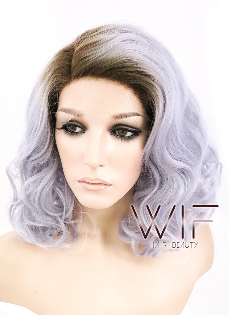 14" Medium Curly Dark Brown Mixed Light Purple Ombre Customizable Lace Front Synthetic Hair Wig LF771K