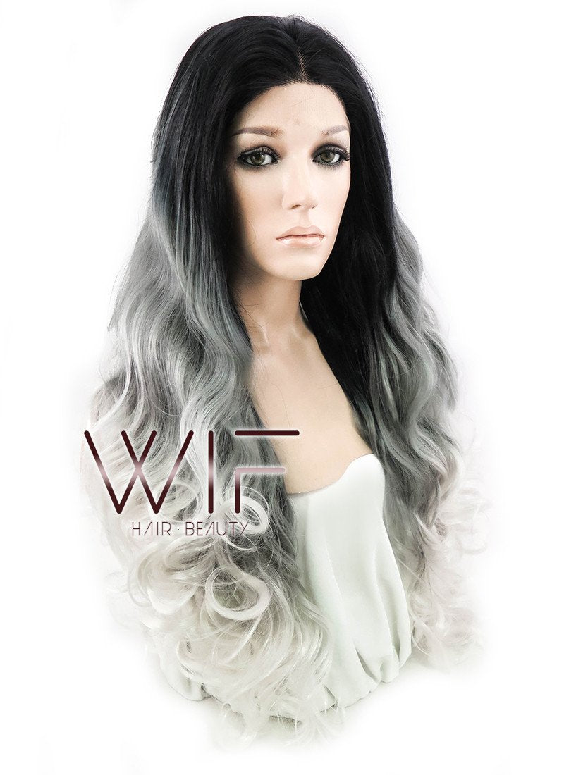 24" Wavy Black Grey White Ombre Lace Front Synthetic Wig LF781
