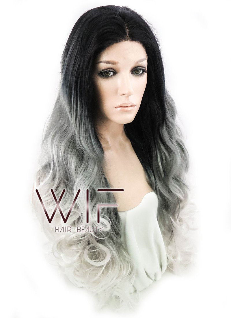 24" Wavy Black Grey White Ombre Lace Front Synthetic Wig LF781