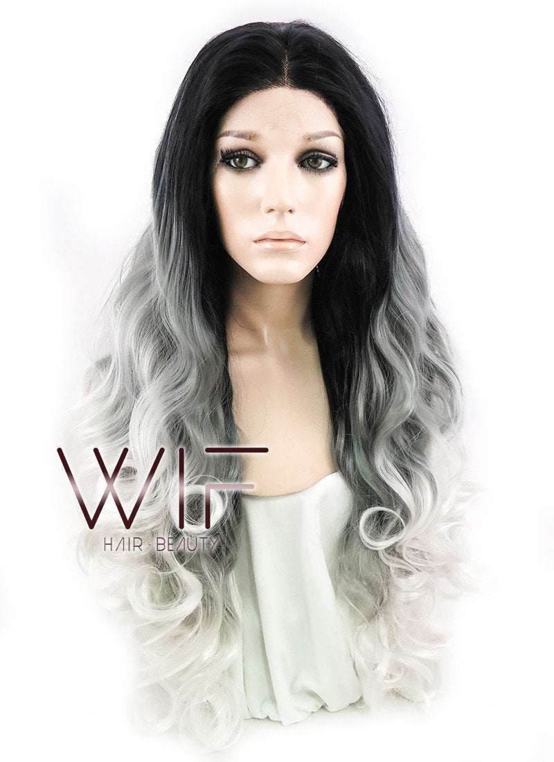 24" Wavy Black Grey White Ombre Lace Front Synthetic Wig LF781