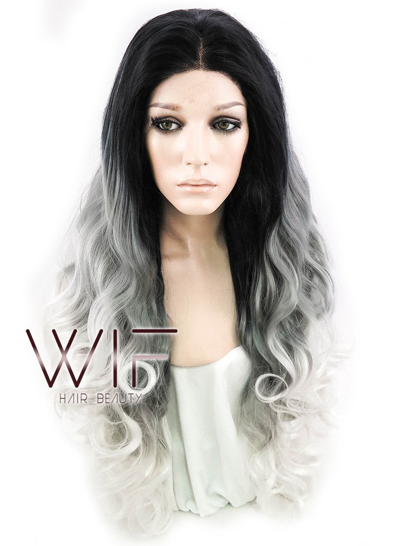 24" Wavy Black Grey White Ombre Lace Front Synthetic Wig LF781