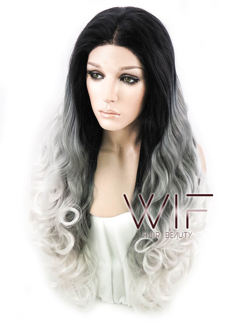 24" Wavy Black Grey White Ombre Lace Front Synthetic Wig LF781