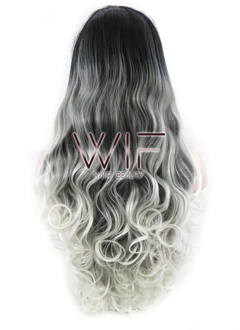 24" Wavy Black Grey White Ombre Lace Front Synthetic Wig LF781