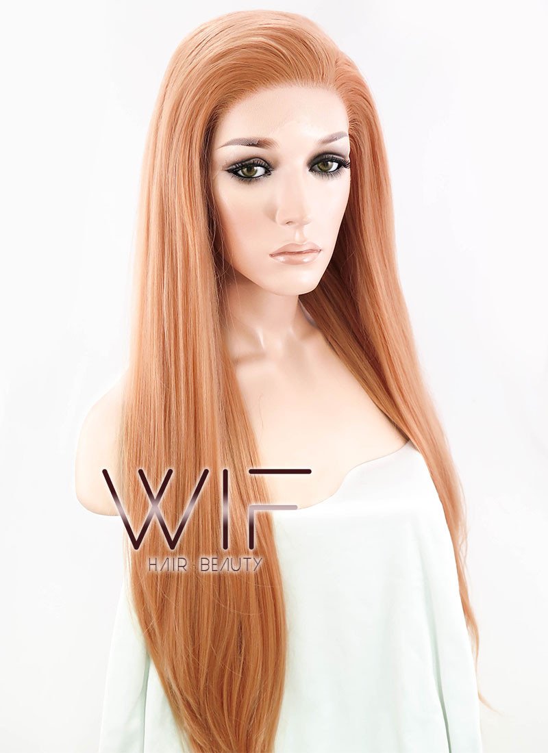 24" Long Straight Orangish Brown Customizable Made-To-Order Lace Front Synthetic Hair Wig LF808A