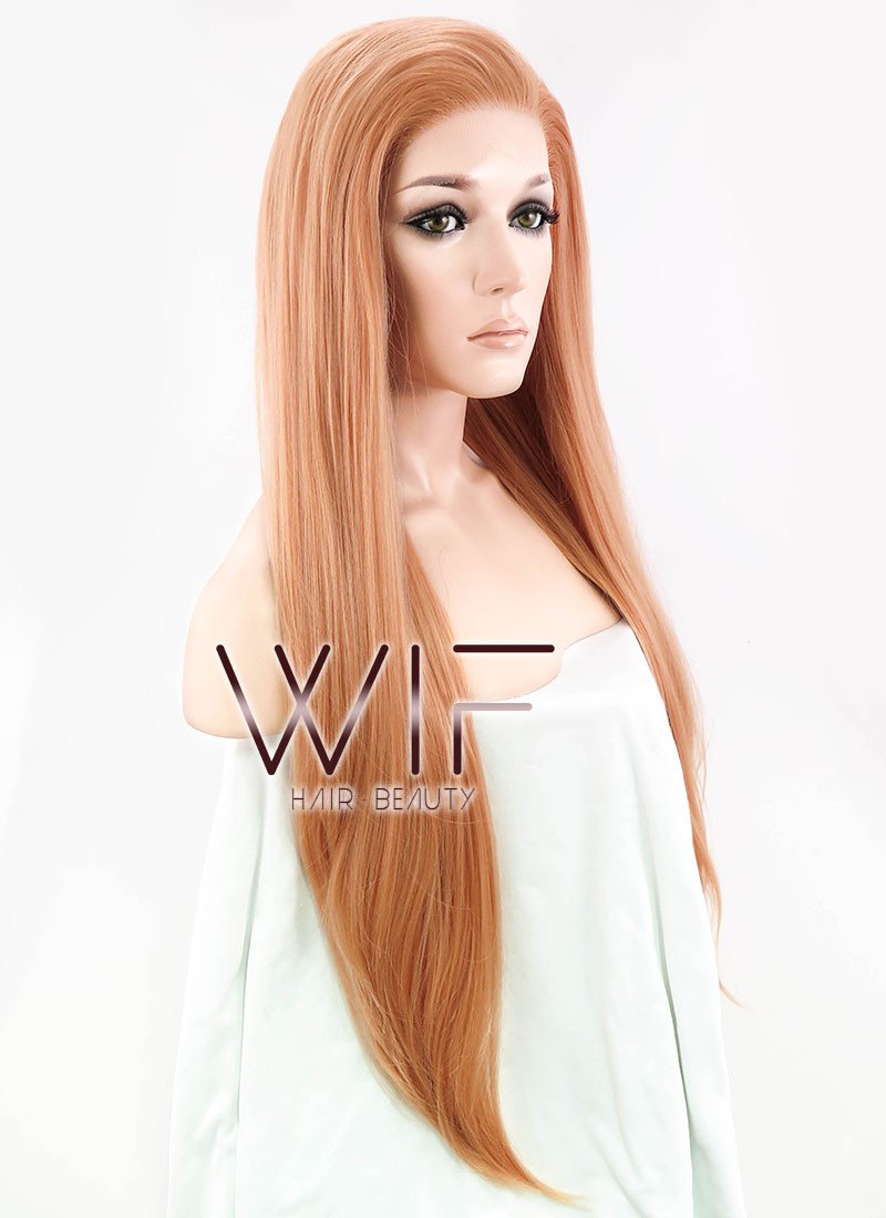 24" Long Straight Orangish Brown Customizable Made-To-Order Lace Front Synthetic Hair Wig LF808A