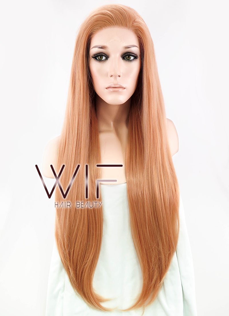 24" Long Straight Orangish Brown Customizable Made-To-Order Lace Front Synthetic Hair Wig LF808A