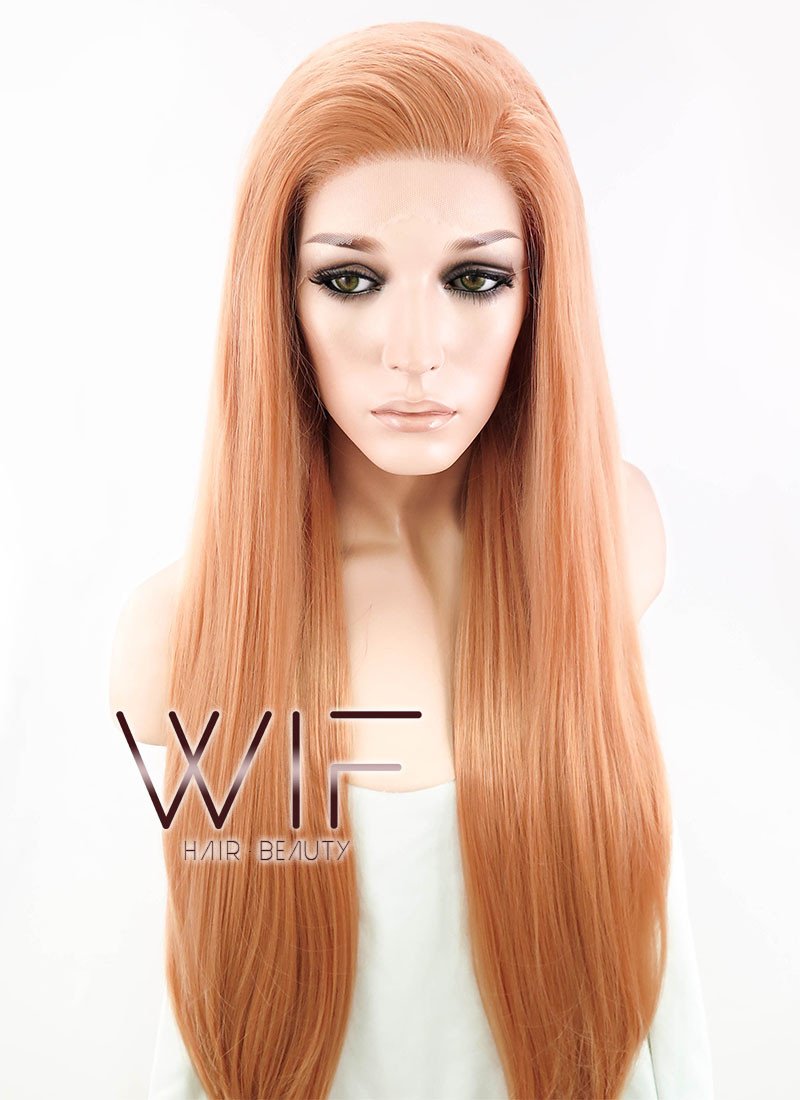 24" Long Straight Orangish Brown Customizable Made-To-Order Lace Front Synthetic Hair Wig LF808A