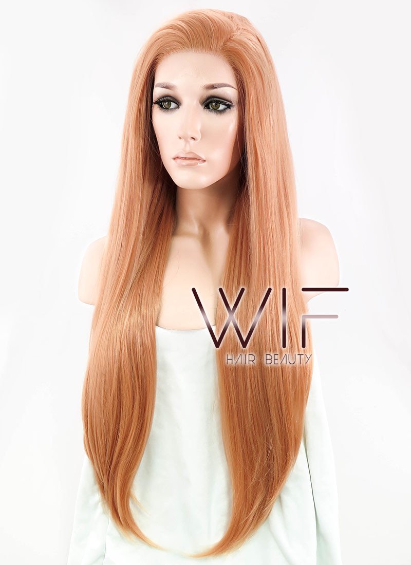 24" Long Straight Orangish Brown Customizable Made-To-Order Lace Front Synthetic Hair Wig LF808A