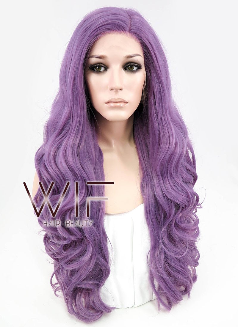 24" Long Curly Purple Customizable Made-To-Order Lace Front Synthetic Hair Wig LF818A