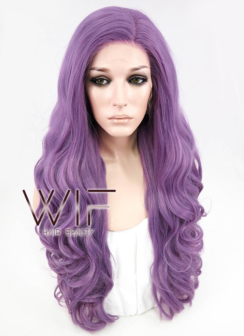 24" Long Curly Purple Customizable Made-To-Order Lace Front Synthetic Hair Wig LF818A