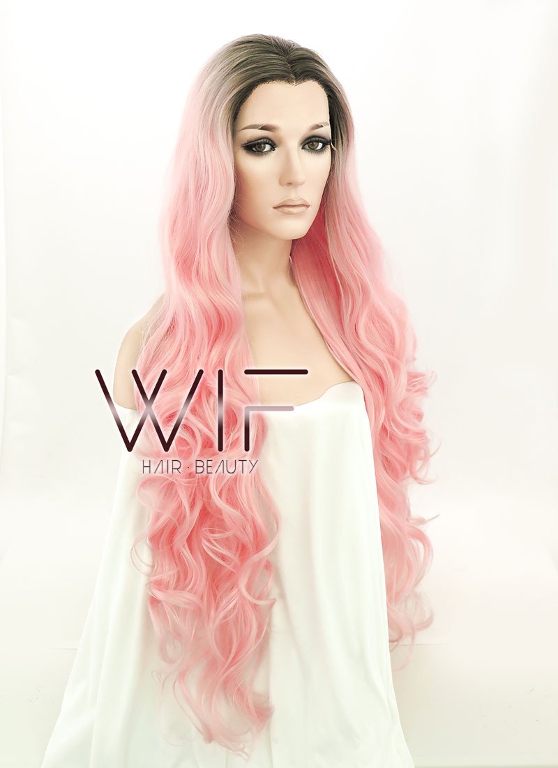 28" Long Curly Black Mixed Pink Customizable Lace Front Synthetic Hair Wig LF833