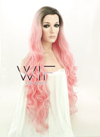 28" Long Curly Black Mixed Pink Customizable Lace Front Synthetic Hair Wig LF833