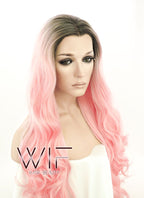 28" Long Curly Black Mixed Pink Customizable Lace Front Synthetic Hair Wig LF833