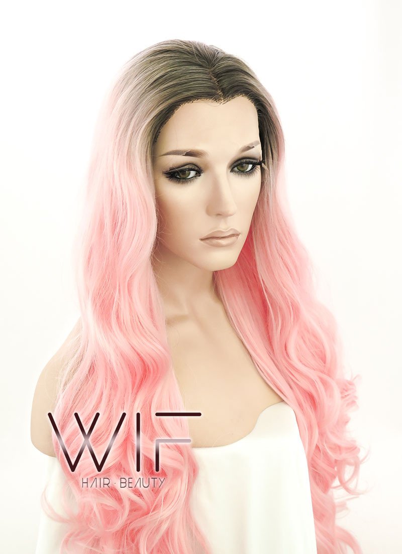 28" Long Curly Black Mixed Pink Customizable Lace Front Synthetic Hair Wig LF833