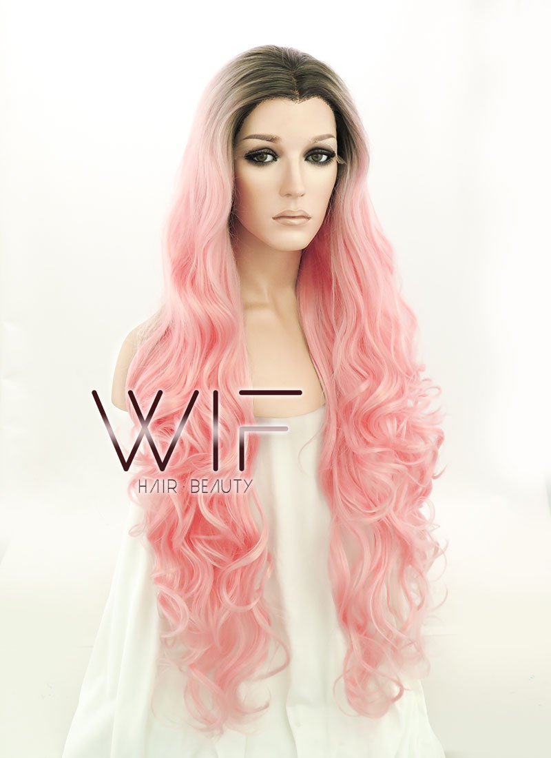 28" Long Curly Black Mixed Pink Customizable Lace Front Synthetic Hair Wig LF833
