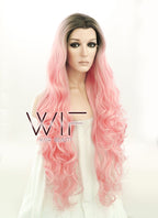 28" Long Curly Black Mixed Pink Customizable Lace Front Synthetic Hair Wig LF833