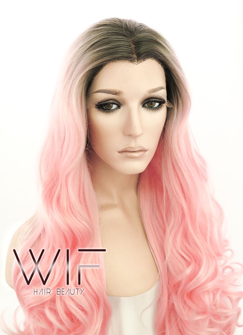 28" Long Curly Black Mixed Pink Customizable Lace Front Synthetic Hair Wig LF833
