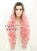 28" Long Curly Black Mixed Pink Customizable Lace Front Synthetic Hair Wig LF833