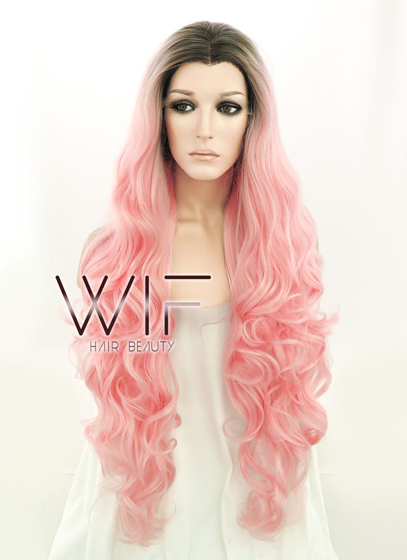 28" Long Curly Black Mixed Pink Customizable Lace Front Synthetic Hair Wig LF833