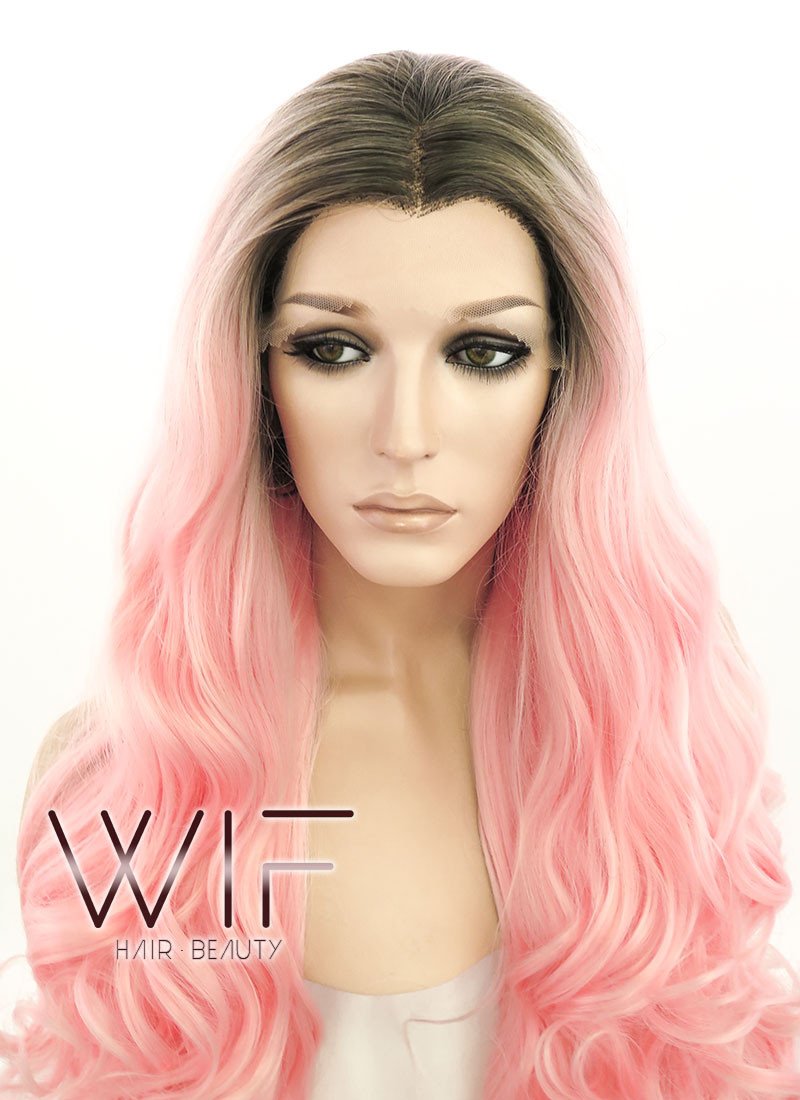 28" Long Curly Black Mixed Pink Customizable Lace Front Synthetic Hair Wig LF833