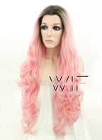 28" Long Curly Black Mixed Pink Customizable Lace Front Synthetic Hair Wig LF833
