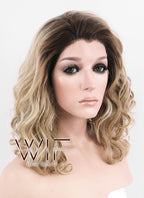 12" Medium Curly Dark Brown Mixed Two Tone Blongde Ombre Customizable Lace Front Synthetic Hair Wig LF844