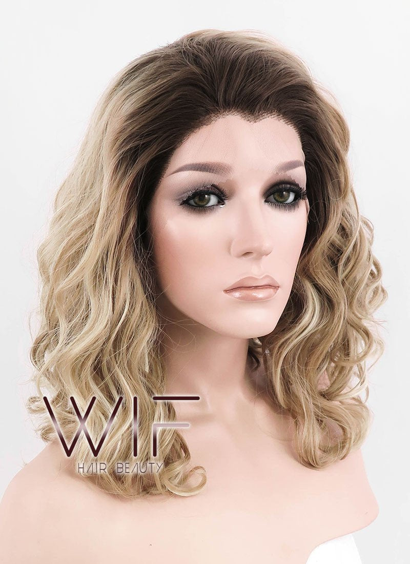 12" Medium Curly Dark Brown Mixed Two Tone Blongde Ombre Customizable Lace Front Synthetic Hair Wig LF844
