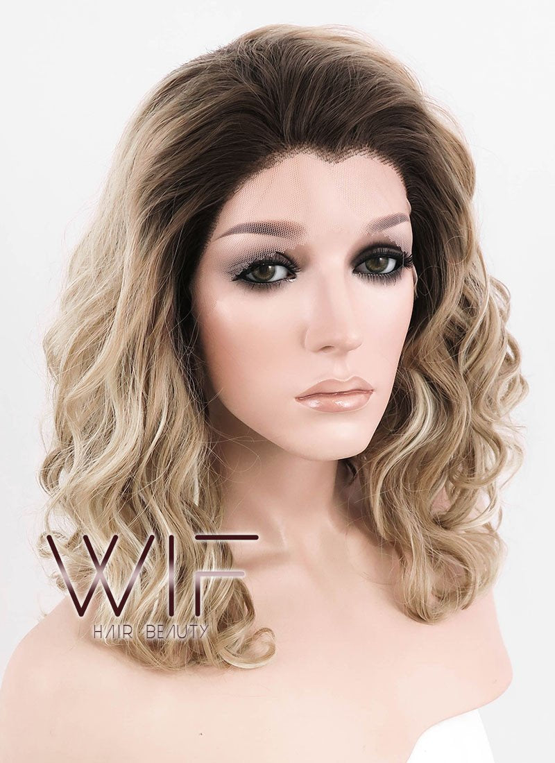 12" Medium Curly Dark Brown Mixed Two Tone Blongde Ombre Customizable Lace Front Synthetic Hair Wig LF844