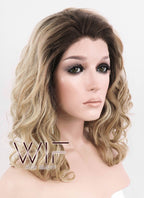12" Medium Curly Dark Brown Mixed Two Tone Blongde Ombre Customizable Lace Front Synthetic Hair Wig LF844