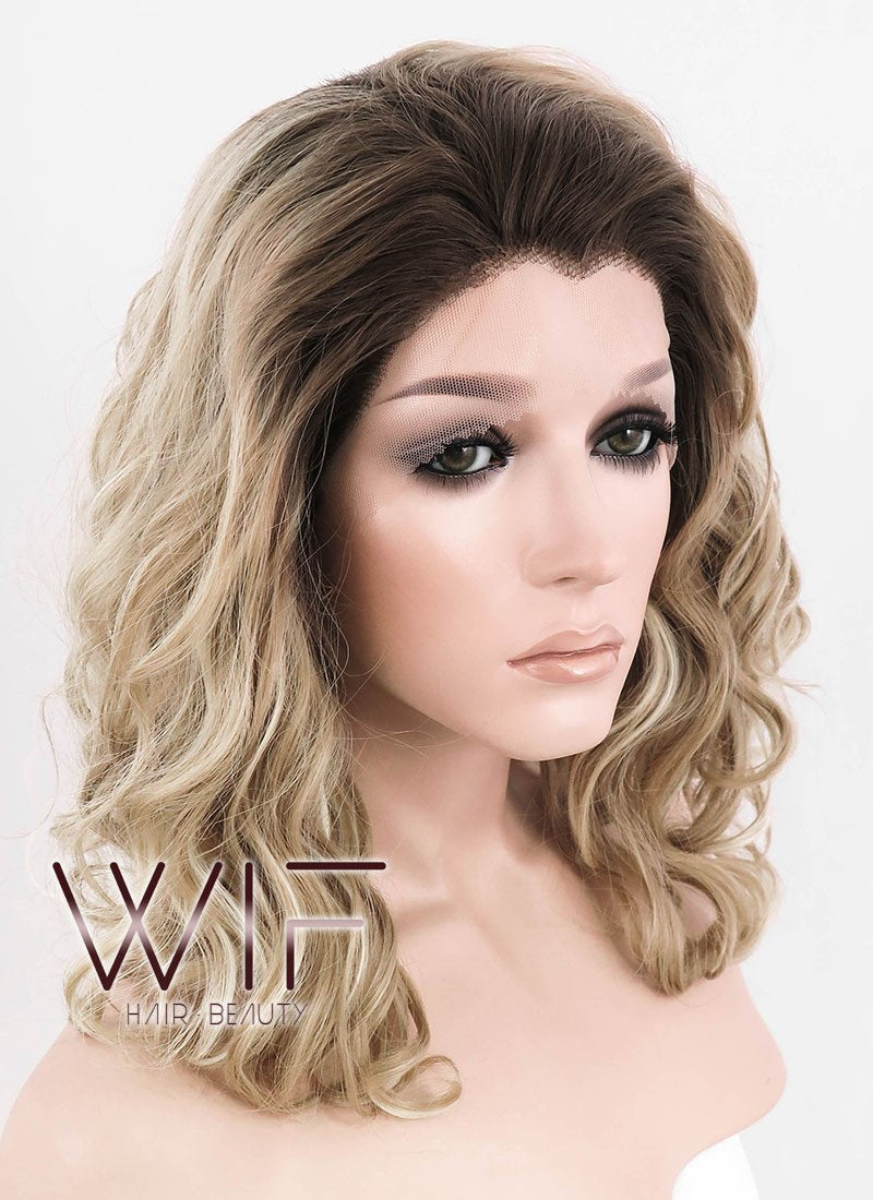 12" Medium Curly Dark Brown Mixed Two Tone Blongde Ombre Customizable Lace Front Synthetic Hair Wig LF844