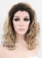 12" Medium Curly Dark Brown Mixed Two Tone Blongde Ombre Customizable Lace Front Synthetic Hair Wig LF844