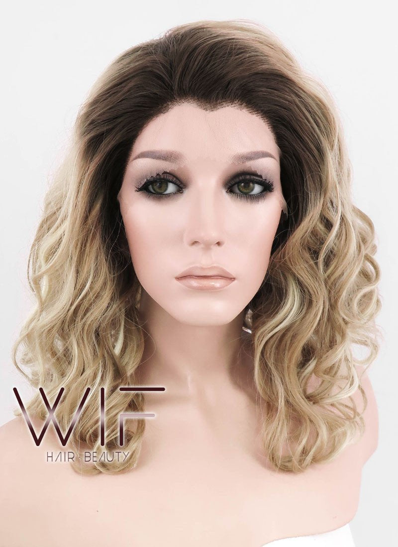 12" Medium Curly Dark Brown Mixed Two Tone Blongde Ombre Customizable Lace Front Synthetic Hair Wig LF844