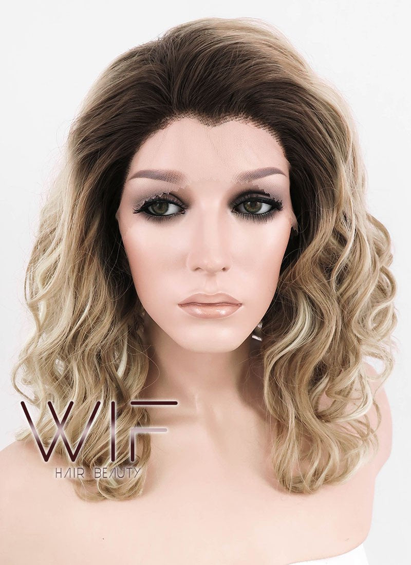 12" Medium Curly Dark Brown Mixed Two Tone Blongde Ombre Customizable Lace Front Synthetic Hair Wig LF844
