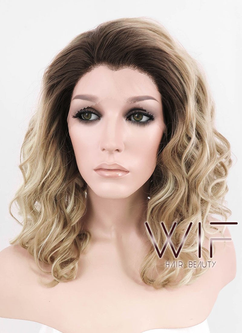 12" Medium Curly Dark Brown Mixed Two Tone Blongde Ombre Customizable Lace Front Synthetic Hair Wig LF844
