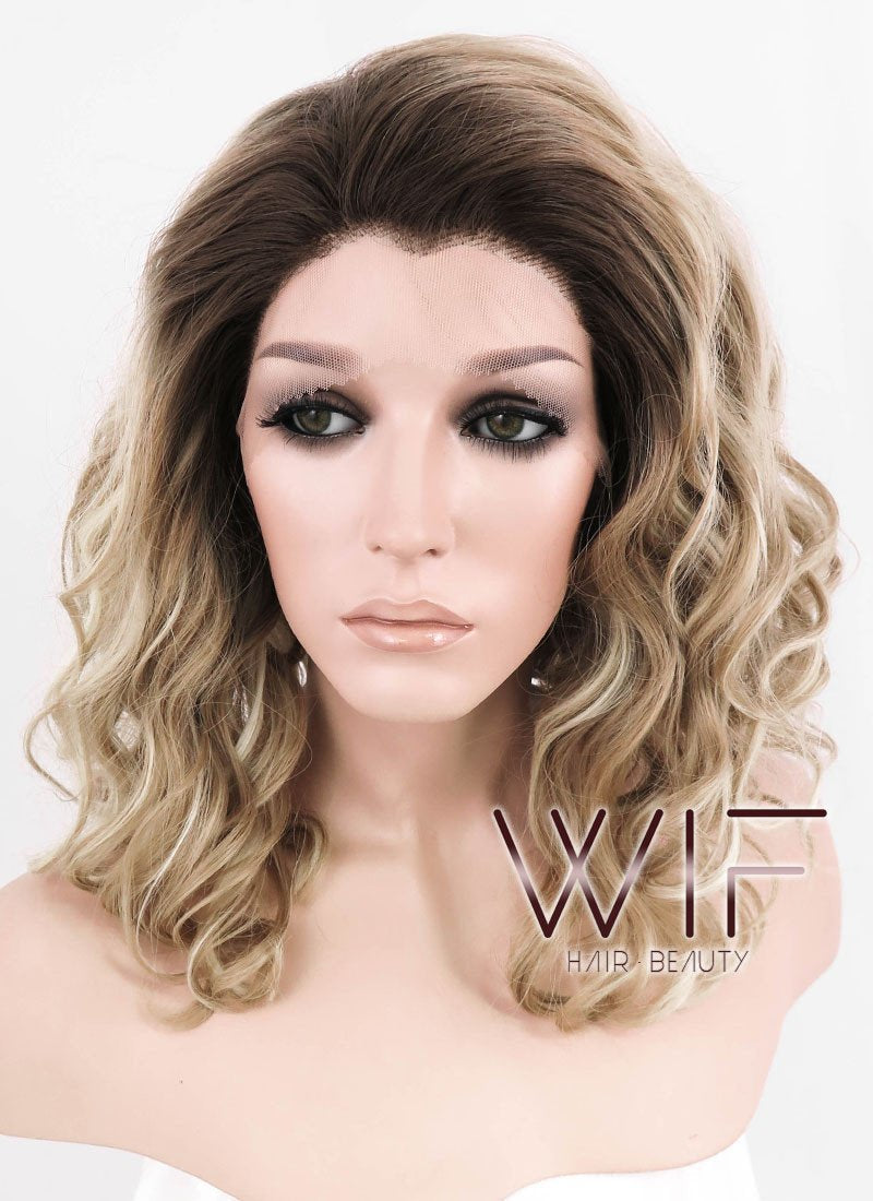 12" Medium Curly Dark Brown Mixed Two Tone Blongde Ombre Customizable Lace Front Synthetic Hair Wig LF844