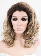 12" Medium Curly Dark Brown Mixed Two Tone Blongde Ombre Customizable Lace Front Synthetic Hair Wig LF844