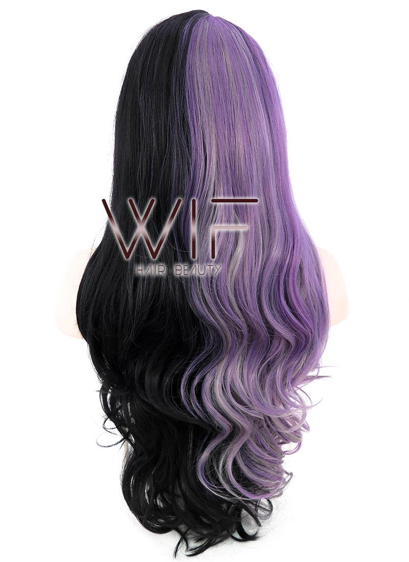 24" Long Curly Purple Grey Black Mixed Customizable Made-To-Order Lace Front Synthetic Hair Wig LF869