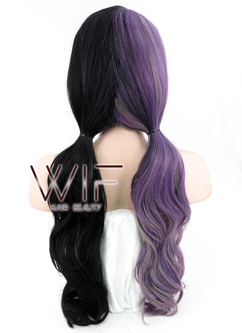 24" Long Curly Purple Grey Black Mixed Customizable Made-To-Order Lace Front Synthetic Hair Wig LF869