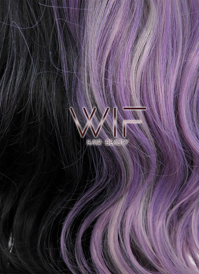 24" Long Curly Purple Grey Black Mixed Customizable Made-To-Order Lace Front Synthetic Hair Wig LF869