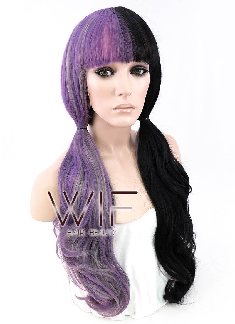 24" Long Curly Purple Grey Black Mixed Customizable Made-To-Order Lace Front Synthetic Hair Wig LF869