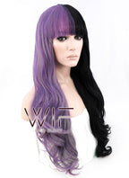 24" Long Curly Purple Grey Black Mixed Customizable Made-To-Order Lace Front Synthetic Hair Wig LF869