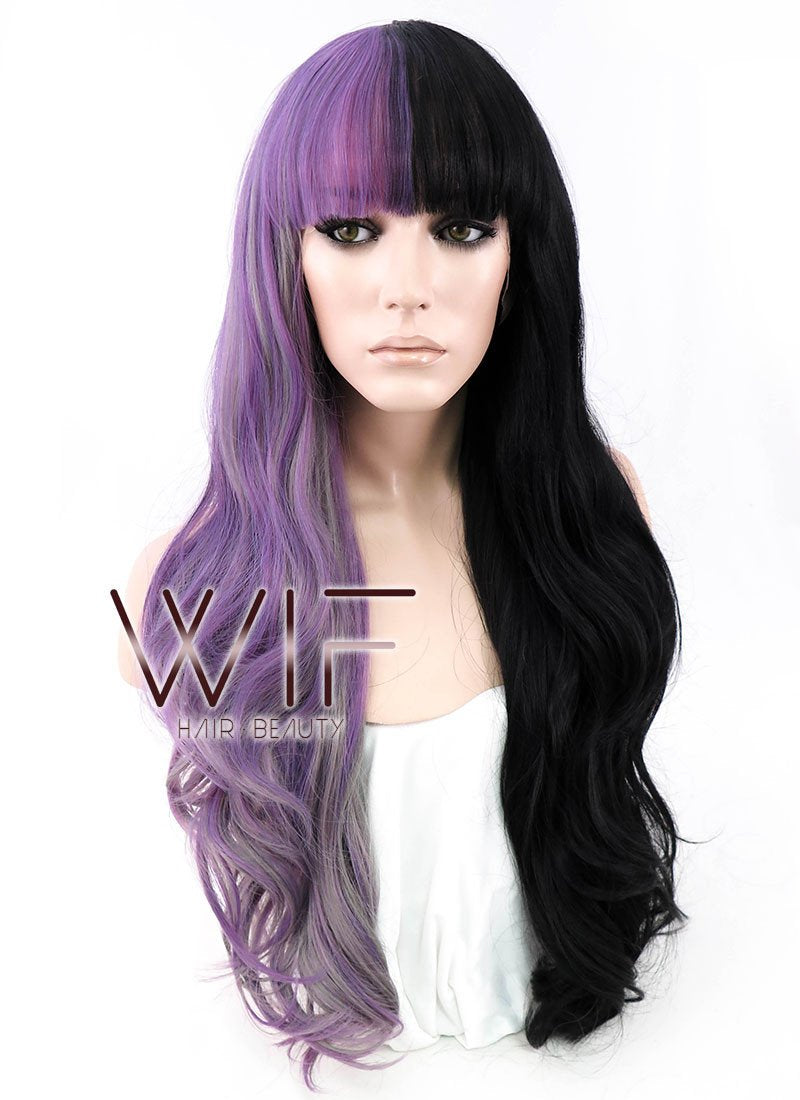 24" Long Curly Purple Grey Black Mixed Customizable Made-To-Order Lace Front Synthetic Hair Wig LF869