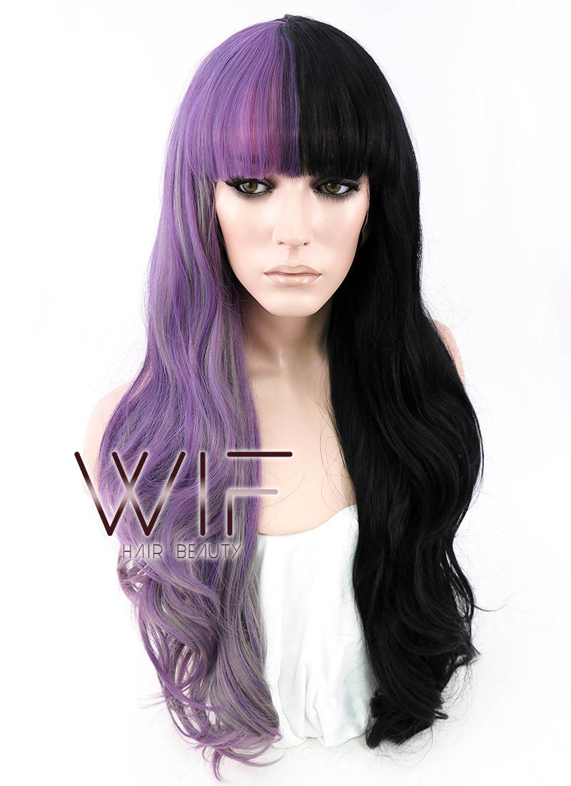 24" Long Curly Purple Grey Black Mixed Customizable Made-To-Order Lace Front Synthetic Hair Wig LF869