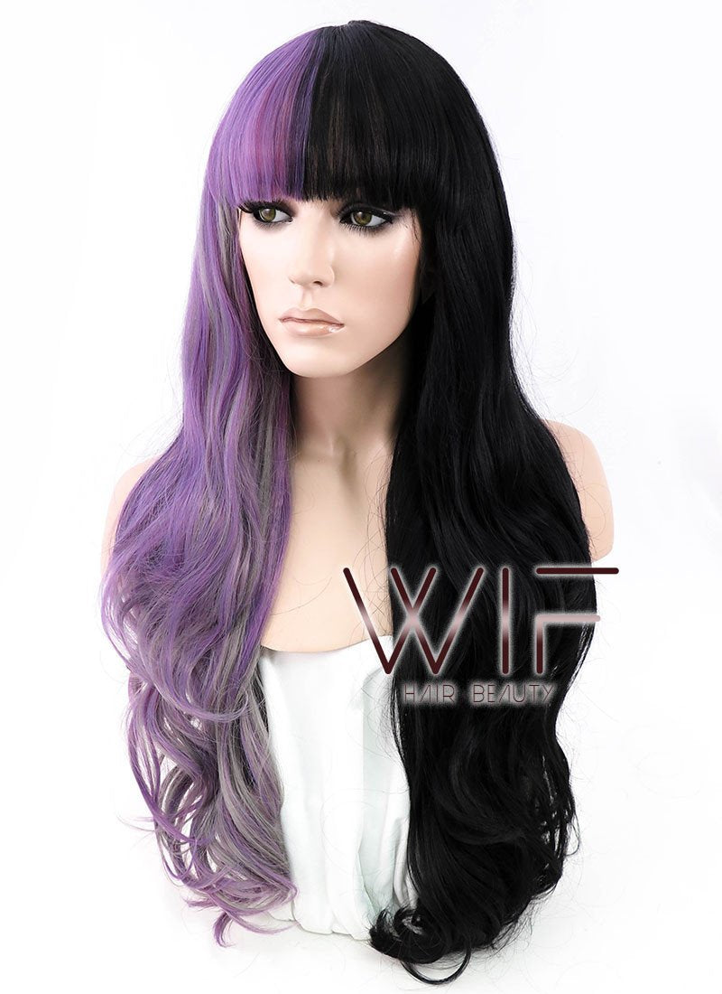 24" Long Curly Purple Grey Black Mixed Customizable Made-To-Order Lace Front Synthetic Hair Wig LF869