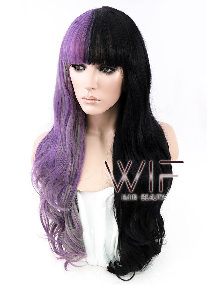 24" Long Curly Purple Grey Black Mixed Customizable Made-To-Order Lace Front Synthetic Hair Wig LF869