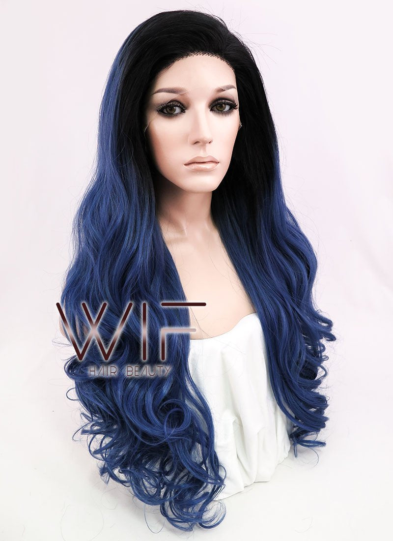 24" Wavy Dark Blue With Dark Roots Lace Front Synthetic Wig LF876