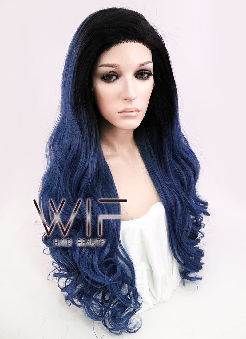 24" Wavy Dark Blue With Dark Roots Lace Front Synthetic Wig LF876