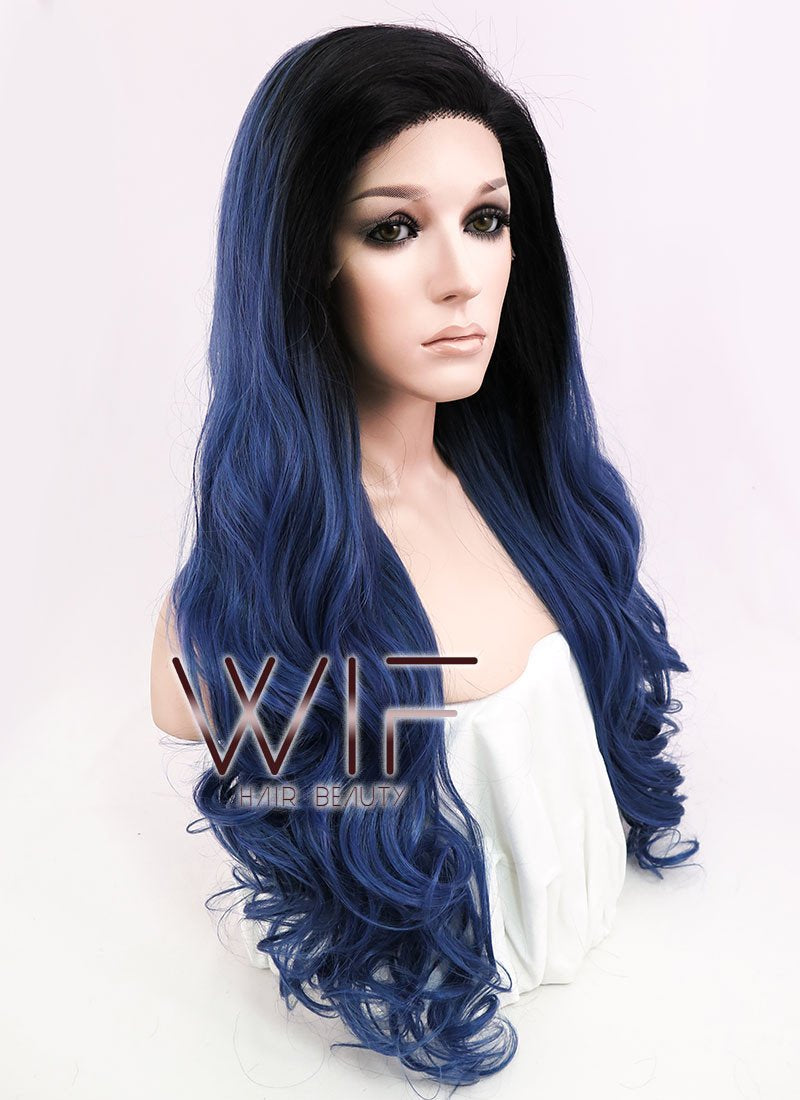 24" Wavy Dark Blue With Dark Roots Lace Front Synthetic Wig LF876