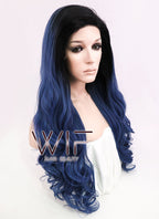24" Wavy Dark Blue With Dark Roots Lace Front Synthetic Wig LF876
